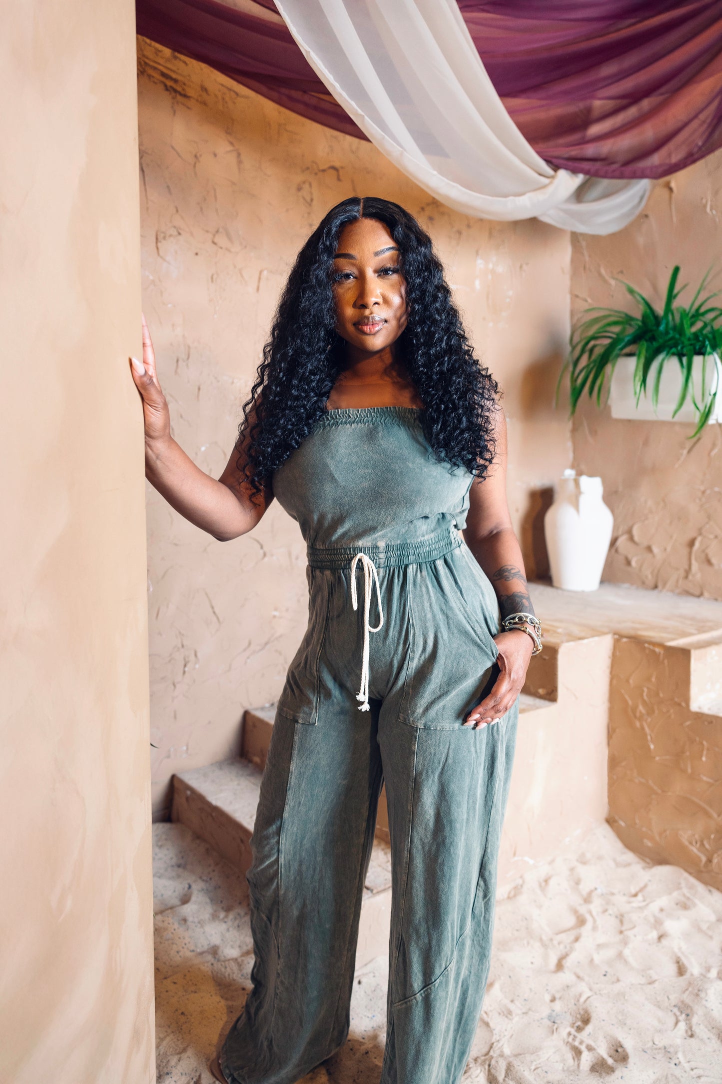 Mineral Washed Strapless Jumpsuit